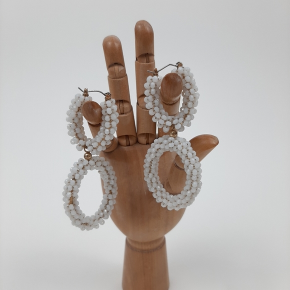 White Seed Bead and Gold Tone Statement Drop Earrings - Picture 1 of 5